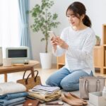 不用品をスマホで出品する女性のイラスト