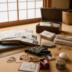 遺品整理のシーン。和室に古いアルバムと手紙が並べられた温かみのある写真