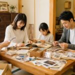 実家で家族が一緒に思い出の品を整理しているシーン