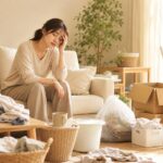 家事がめんどくさいと感じる女性と散らかった部屋のイラスト