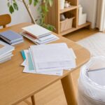ノートや書類をテーブルで仕分けしている片付けのイメージ