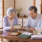 老後のお金管理と遺品整理を準備する高齢夫婦の様子
