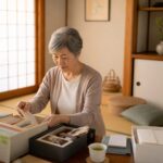 生前整理のやり方｜自宅で書類や思い出の品を丁寧に整理するシニア女性