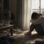 セルフネグレクトに陥った若い女性が散らかった部屋でうつむいている様子