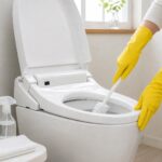 時短トイレ掃除術 ゴム手袋をつけてトイレを清掃するイメージ