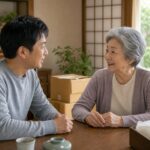 実家の片付けについて親子で穏やかに話し合っている場面